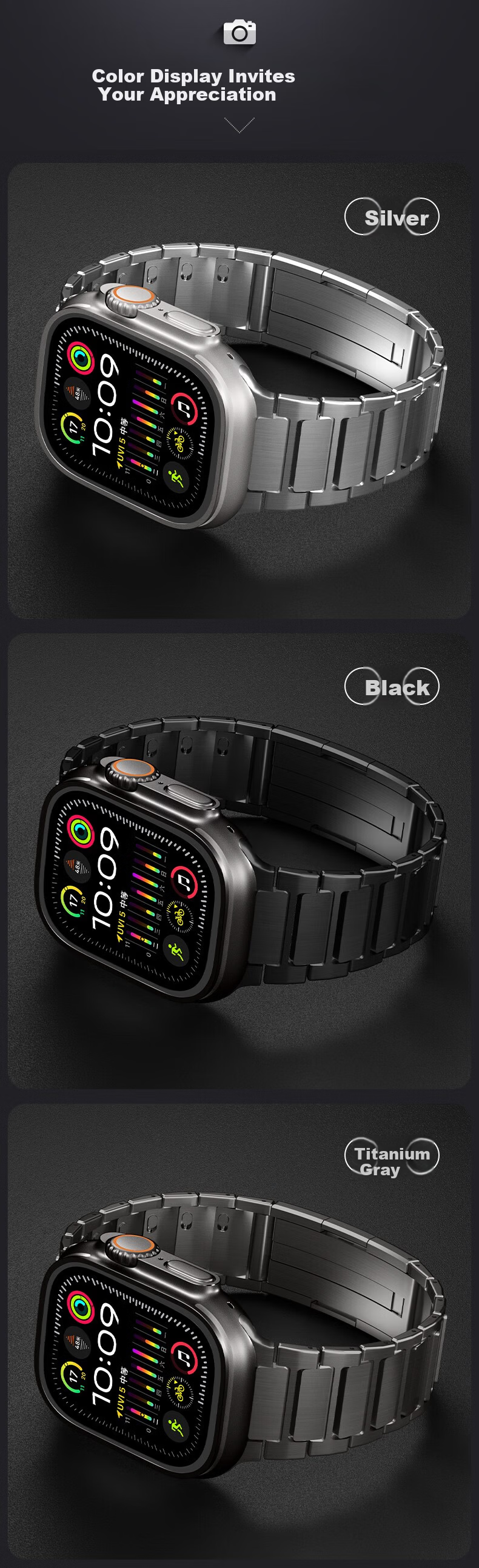 BHO Apple Watch Band Compatible with S11/Ultra3, Stainless Steel I-Beam Pattern Quick-Release Metal Link Strap for iWatch S10/9/8/7/SE3 5