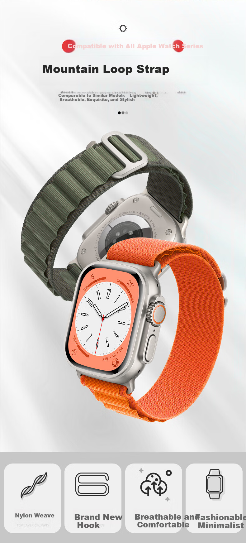 BHO Nylon Loop Band for Apple Watch S11/S10/Ultra 3, Compatible with iWatch S9/8/7/6/5/4/SE3/2 1