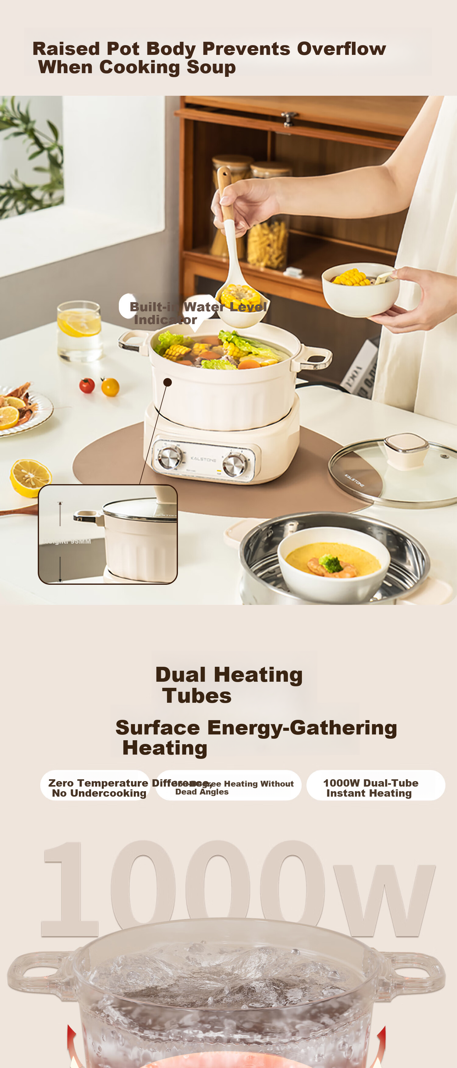 Kalstone N72 Titanium Ceramic Split Electric Cooker Multifunctional Small Electric Pot Hot Pot Dormitory Household Steamer and Cooker Instant Noodle Pot Small Electric Steamer 15