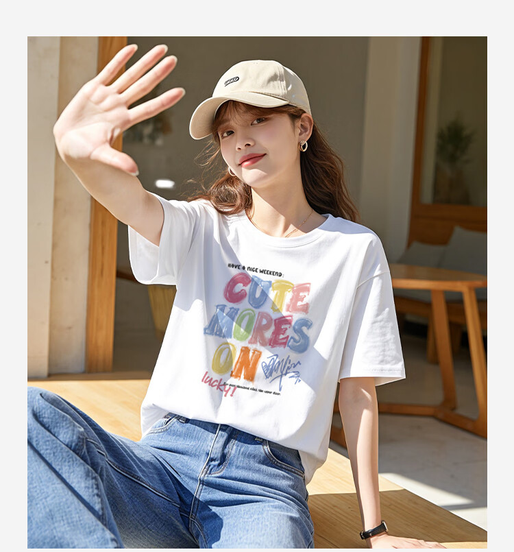 TonLion 2025 Women's Crew Neck Graffiti Text Cotton Short Sleeve T-Shirt Apricot Batch S 17
