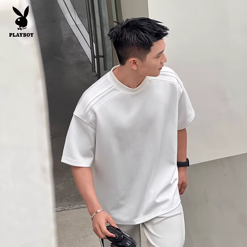 PLAYBOY Jelly Cotton Cooling 7A Antibacterial Short Sleeve T-Shirt Men's Premium Summer Heavyweight Solid Color Straight Shoulder Tee