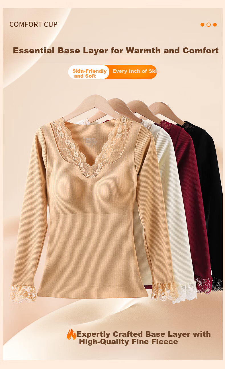 OEING Women's Thermal Underwear Lace V-Neck with Chest Pad Bra-Free Versatile Base Layer Autumn Warm Set 6