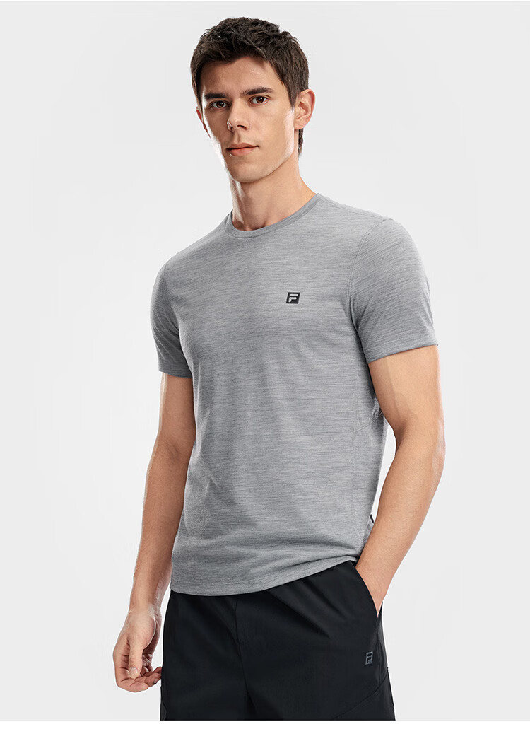 FILA Official Men's Knitted Short Sleeve Shirt 2026 Summer Fitness Sports Basic Crew Neck Merino Wool T-Shirt 23