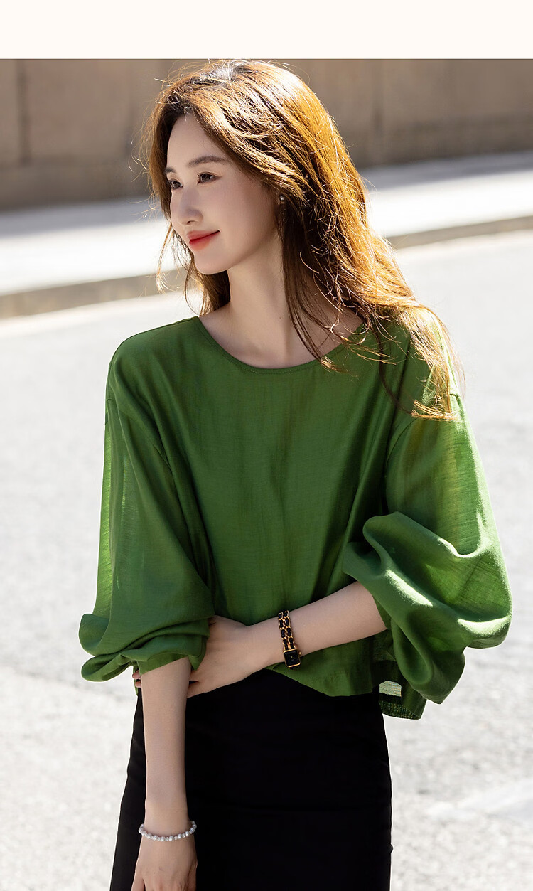 Demana [Shu Yang Pai] Spring and Autumn Acetate Linen Lyocell Blend Lantern Sleeve Straight Loose Shirt for Women 23