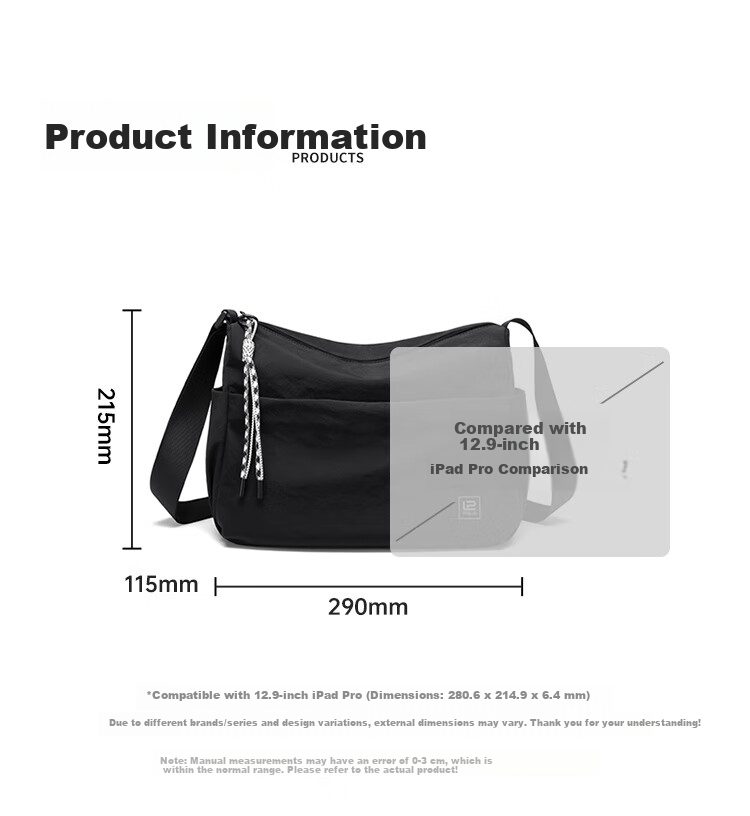 POLO Women's Casual Single Shoulder Crossbody Bag Large Capacity Sports Messenger Bag 12.9-inch iPad Outdoor Phone Bag 17
