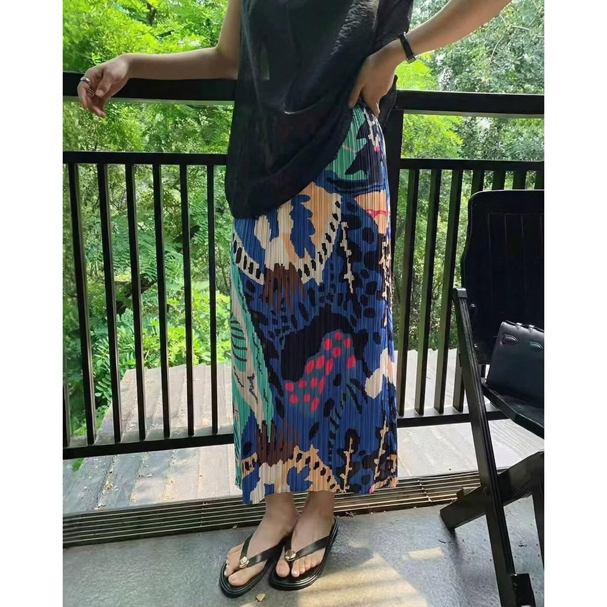 Demana Arc Light Silhouette Spring Autumn Intellectual Style Elastic Waist Pleated Skirt Irregular Print Split Women's Midi Skirt