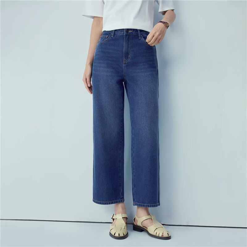 Giordano 2026 Summer New Cat Whisker Color-Block Side Mid-Rise Straight-Leg Cropped Jeans for Women 13426336