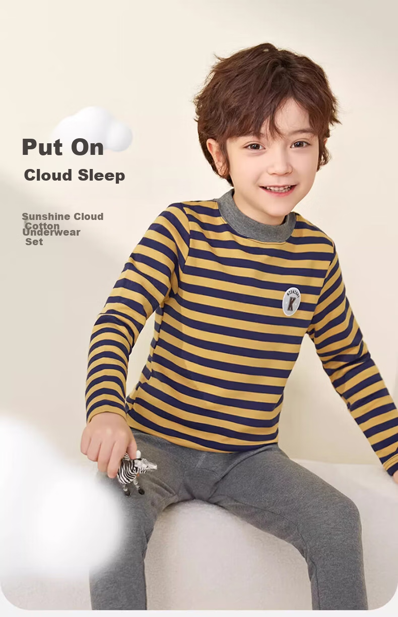 YING BO LUN Autumn Winter Children's Thermal Underwear Set Pure Cotton School Uniform Artifact 85265 Blue Stripe Size 110 2