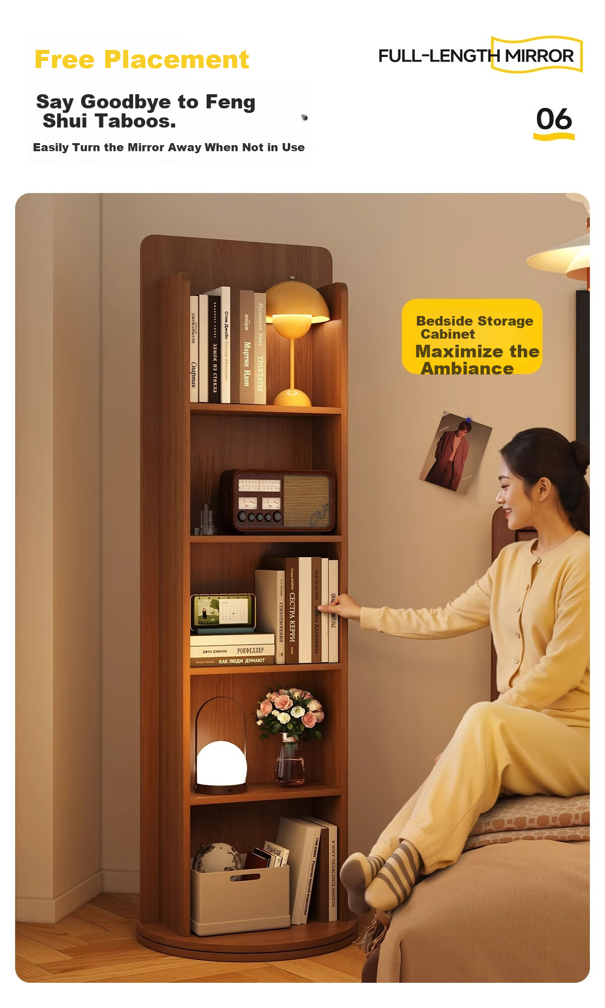 Millennium Mansion Rotating Storage Dressing Mirror Full-Length Floor Mirror with Magazine Rack Rotating Storage Fitting Mirror 165*36 White 9