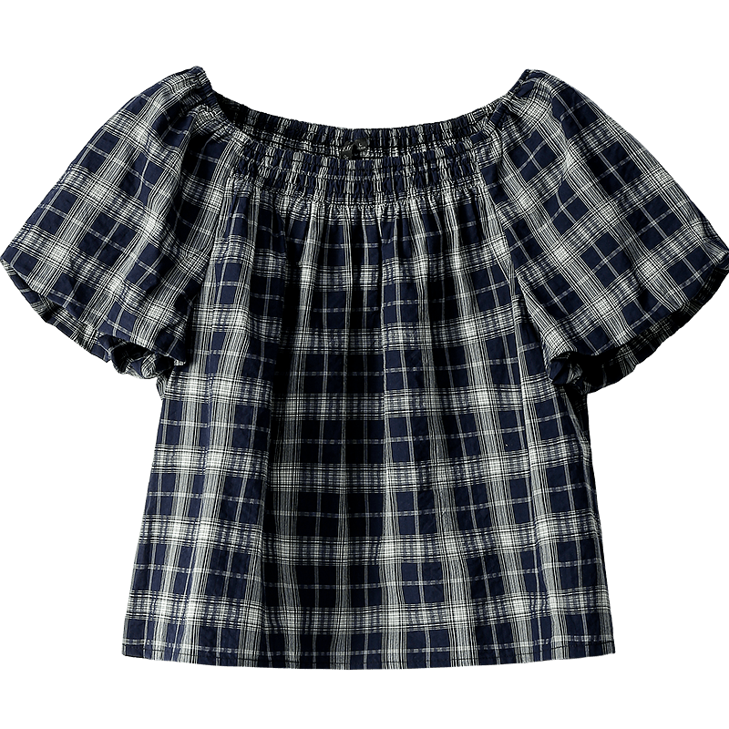 INMAN 100% Xinjiang Cotton Vintage Plaid Lantern Sleeve Shirt 2026 Summer Women's Off-Shoulder Top