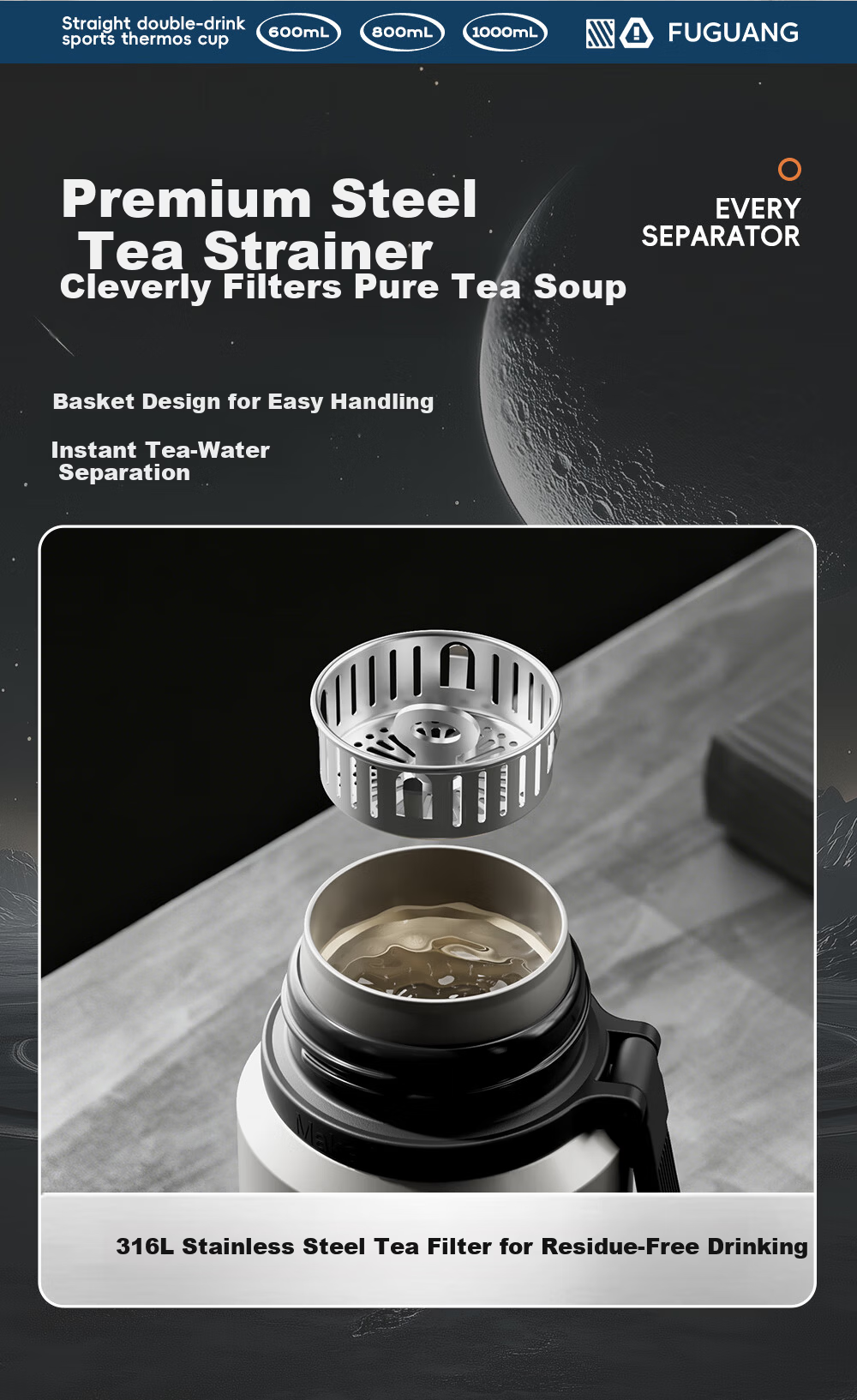 Fuguang Large Capacity Insulated Bottle 316L Stainless Steel Full Steel Lid Water Bottle Men Women Tea Separation Brewing Cup Student Cup 7