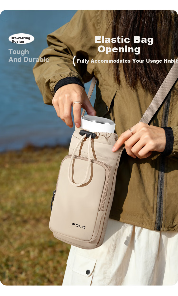 POLO Women's Drawstring Shoulder Bag Large Capacity Phone Bag Sports Crossbody Bag with Water Bottle Holder Wide Opening Sling Bag 10