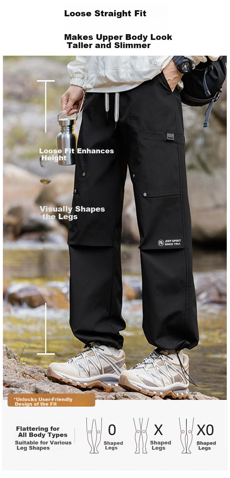 JEEP SPIRIT Men's Outdoor Waterproof Cargo Pants Spring Autumn Fashion Loose Casual Sports Pants Black XL 2