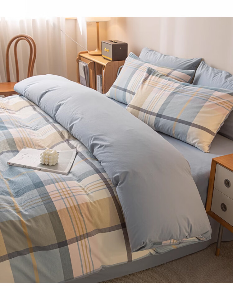 MUJI 100% Cotton Four-Piece Bedding Set Antibacterial AB Version Double-Sided Sheet and Duvet Cover 200x230cm 1.5/1.8m Bed British Blue Plaid 4