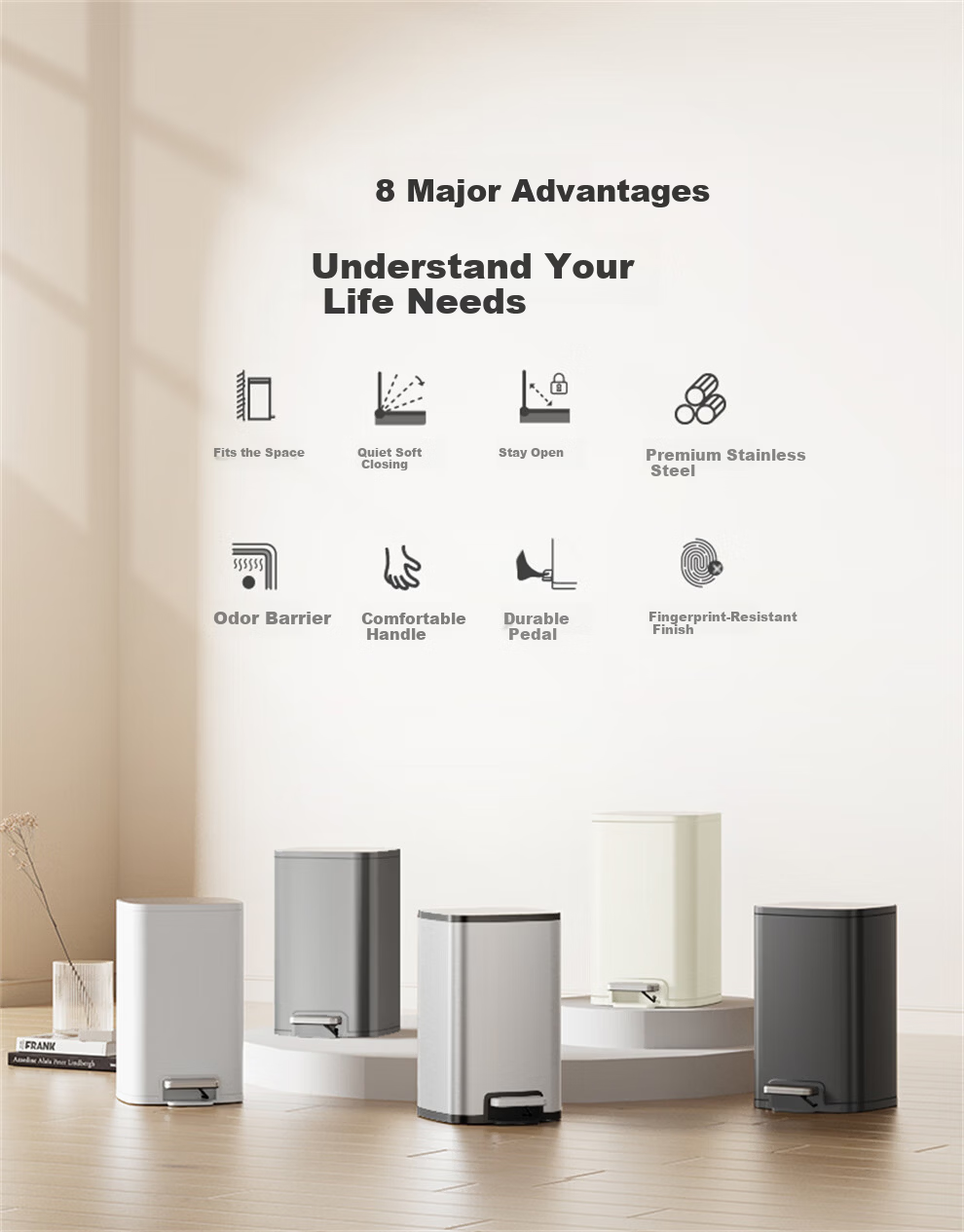 EKO 10L Stainless Steel Pedal Trash Can with Lid Large Household Bathroom Kitchen Model 9584 Recommended by Zhang Ruoyun 2