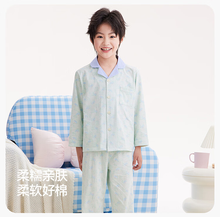 Hodo Kids Spring Autumn Antibacterial Long Sleeve Pajama Set Cute Cartoon Children's Homewear Bowknot Green Plaid 160 10