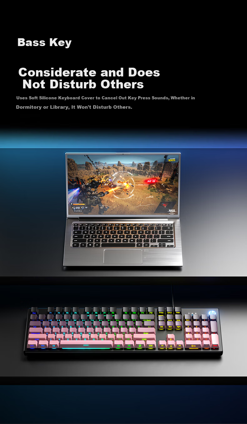 HP Mechanical Feel Gaming Keyboard with Wired Quiet Thin Film Switches for Computer Laptop Office Use, 104 Keys, Splash-Resistant Backlit High Aesthetic Value, Blackberry Pink Side Engraving 5