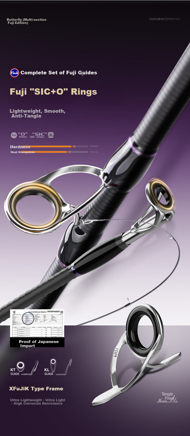 HISTAR 1.68m UL Two-Section Hollow Slightly Curved Handle Butterfly Multi-Section Fuji Version [Fuji SIC + O-Ring] 3