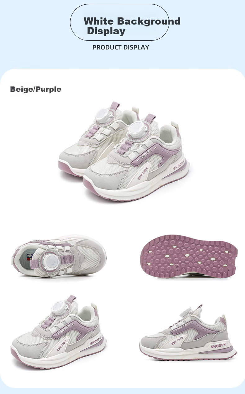 SNOOPY Kids Boys Twist Button Sports Shoes 2026 Spring Autumn Lightweight Running Shoes Girls 0001 Beige Purple Size 34 5
