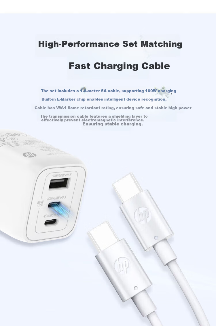 HP Original 100W GaN Fast Charger Laptop Power Adapter Type-C Fast Charging Compatible with Phone Tablet Switch Portable with 2m Data Cable 12