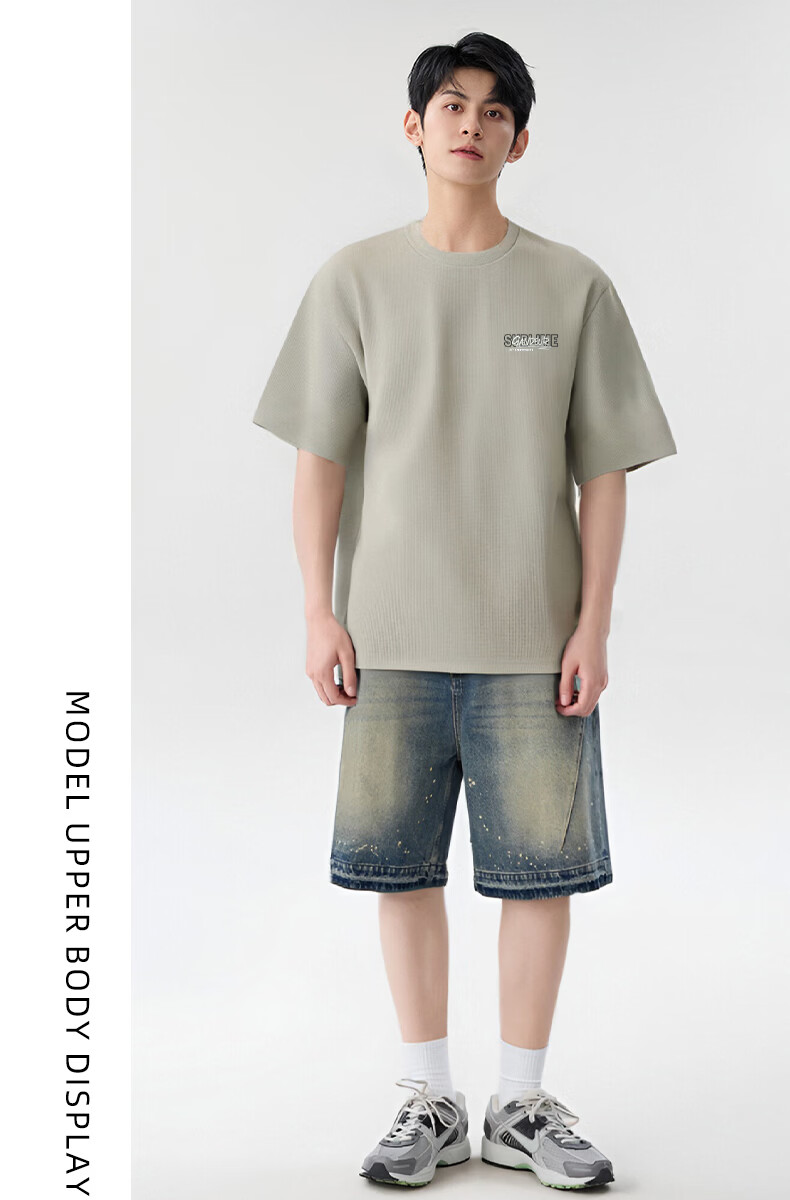 Baleno Men's Short Sleeve T-Shirt Summer Loose Breathable Versatile Simple Heavyweight Fashion American Style Waffle Knit Apparel 14