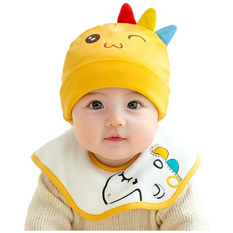 9i9 Baby Hat Cute Dinosaur Spring Autumn Fontanelle Cap Summer Waterproof Bib Adjustable 3-18 Months Yellow F49