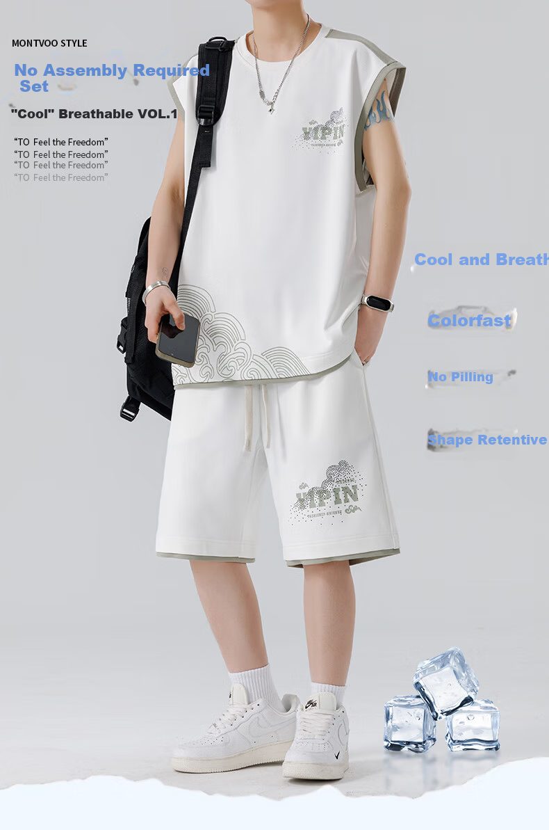 Foss Phil Men's Summer Sports Set Ice Silk Sleeveless T-Shirt and Loose Shorts Vest T07 White 2XL 1