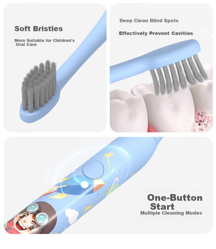 Simple Youth Children's Electric Toothbrush Soft Vibration Gentle Bristles for Sensitive Kids Effective Cavity Prevention Blue Children's Gift Birthday Present 2