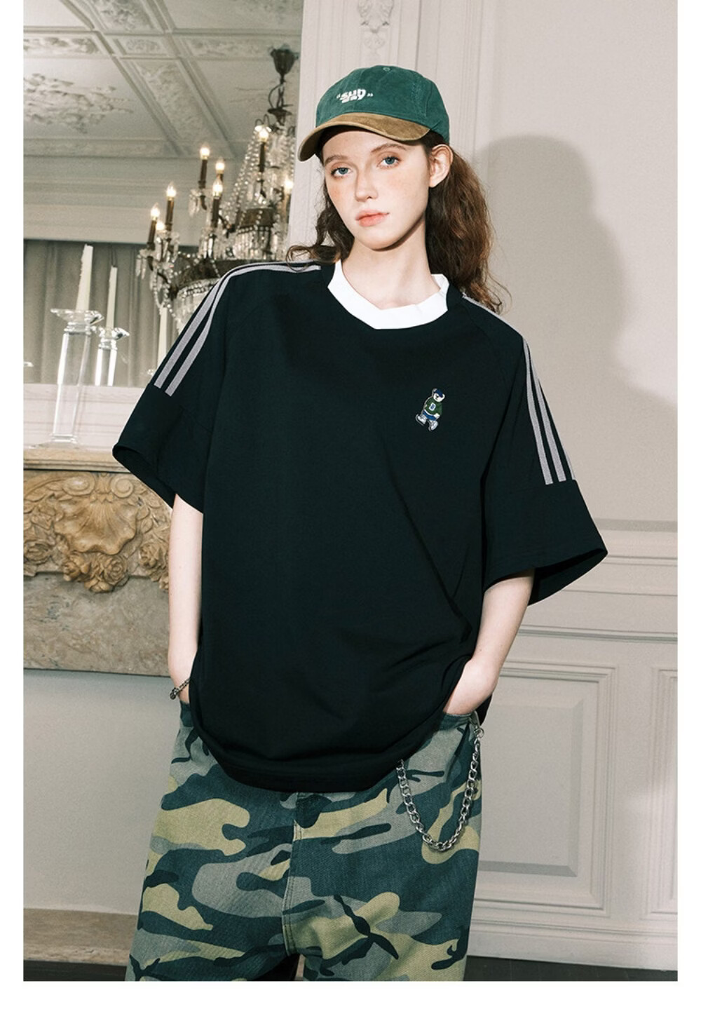 ICH MODE Raglan Stripe V-Neck Short Sleeve T-Shirt Women Summer Bear Series Sorona Cooling Top Black M 9