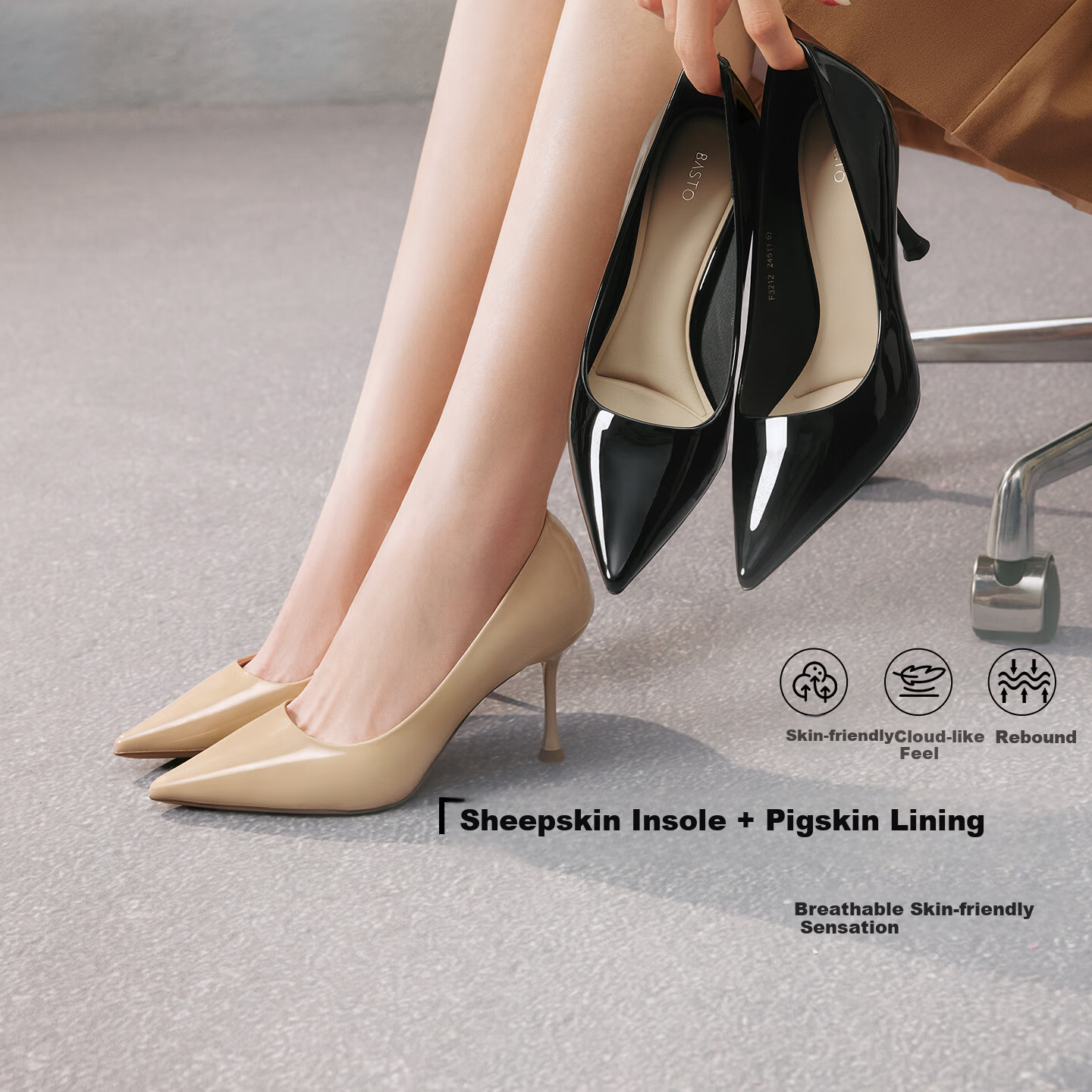 Basto 【Leading Lady】25 Autumn Nude High Heels Comfortable Pointed Toe Women's Work Shoes Wedding Shoes Apricot Color Size 38