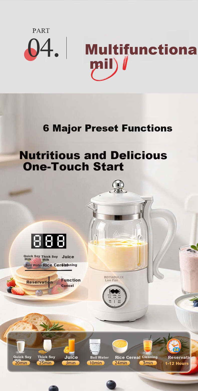 ROYALTY LINE 22-Blade Soy Milk Maker and Blender Titanium Coating 1L Fully Automatic Noise-Reducing Multifunctional Food Processor for 2-4 People White 12