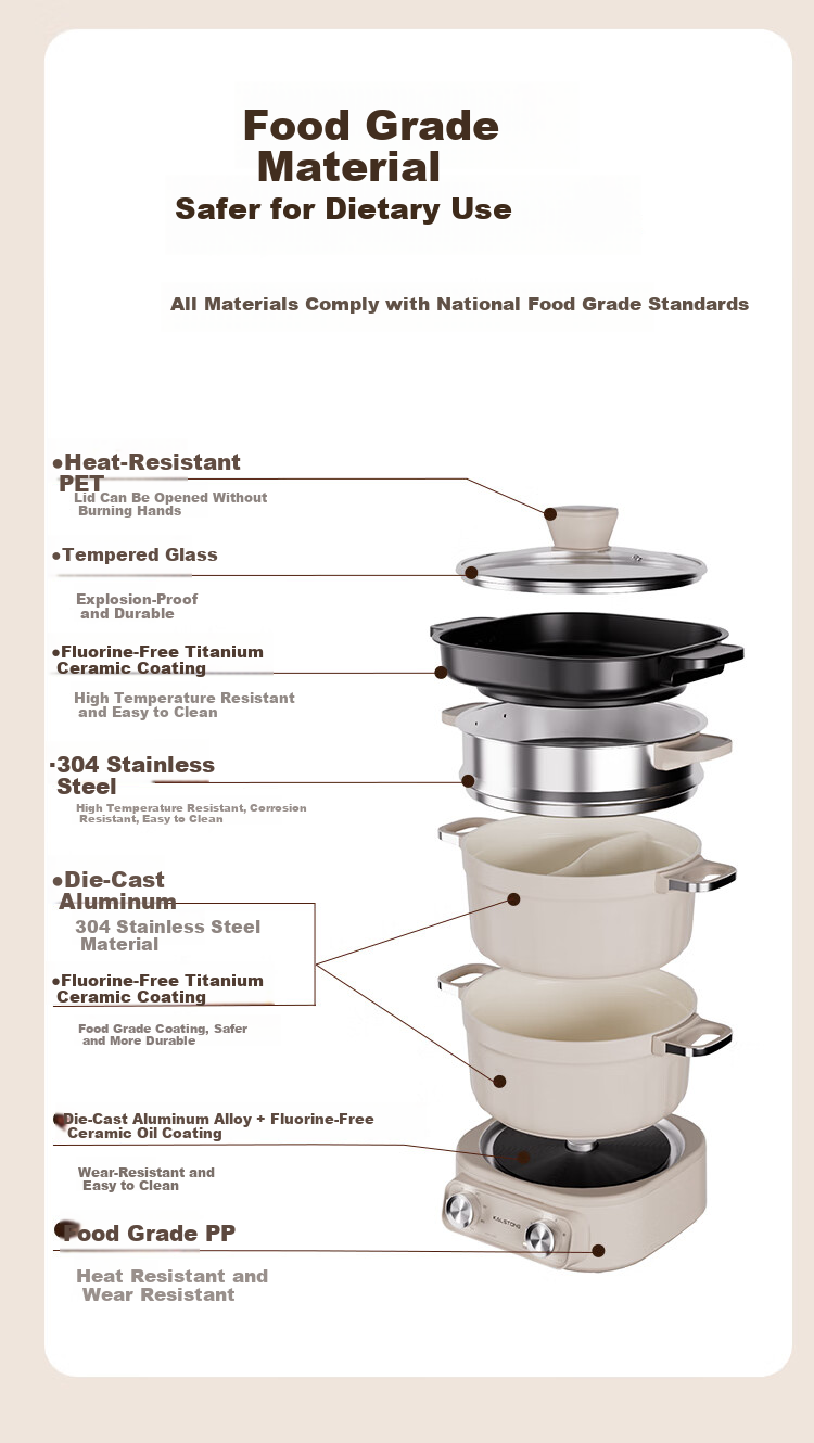 Kalstone N72 Titanium Ceramic Split Electric Cooker Multifunctional Small Electric Pot Hot Pot Dormitory Household Steamer and Cooker Instant Noodle Pot Small Electric Steamer 18