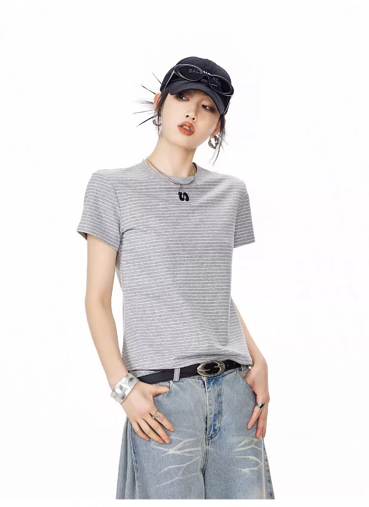 ICH MODE American Style Striped Slim Fit Short Sleeve T-Shirt for Women 2026 Summer New Hot Slim Shoulder Short Top White S 4