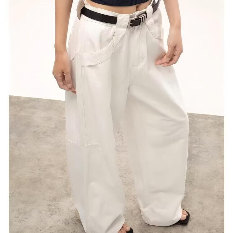 ICH MODE Vintage White Wide-Leg Pants Women 2026 Spring Loose Casual Workwear Straight-Leg Pants White S
