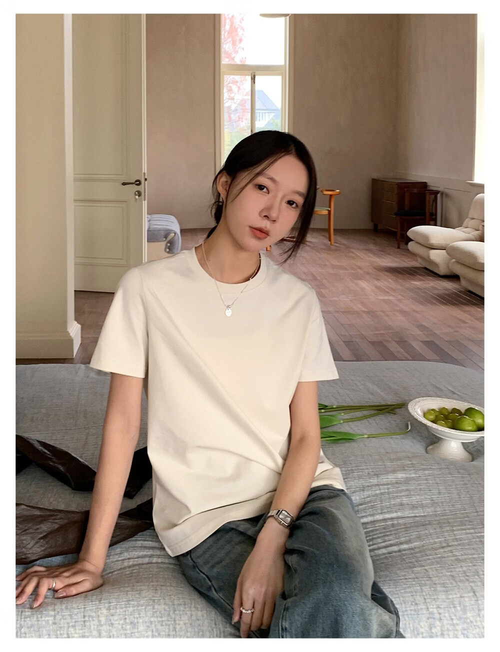 ICH MODE Minimalist Paper Doll Short Sleeve Women's T-Shirt Summer Simple Cool Base Shirt Solid Color White S 21