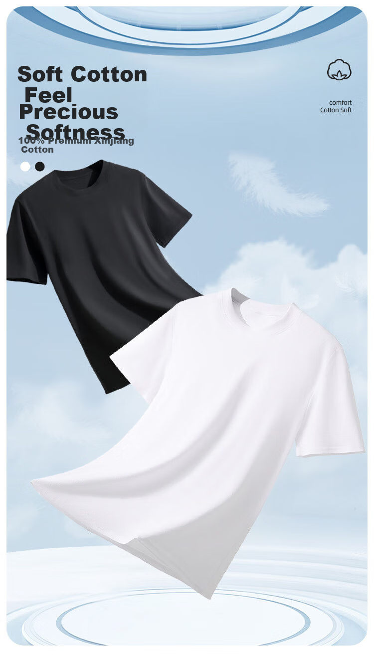 XUEXIMAN Pure Cotton Short Sleeve T-Shirt Men Xinjiang Cotton Summer Base Layer Couple Casual Breathable Versatile Sports White Tee Shirt Men 2