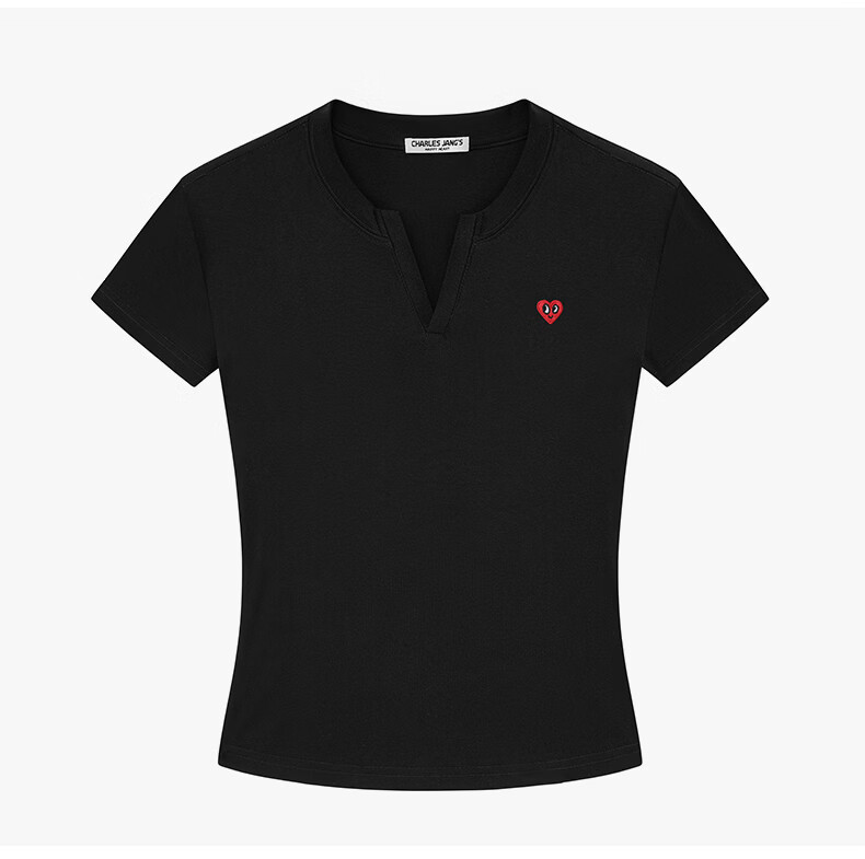 Charles Peach Heart Summer Simple Love Logo Women's V-Neck Short Sleeve T-Shirt Loose Waist Slim Casual Yellow S 11
