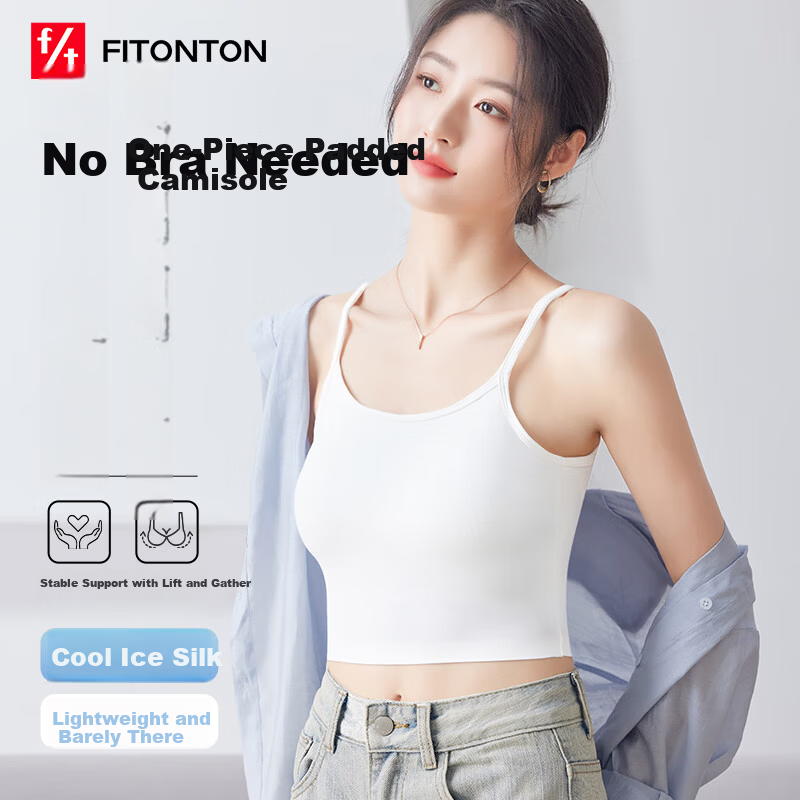 FitonTon Women's Seamless Ice Silk Camisole with Chest Pad, Backless Bra-Free Innerwear, Basic Layering Tank Top
