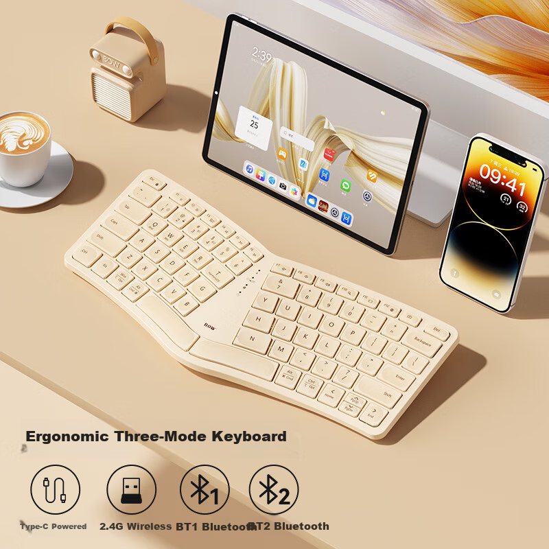 B.O.W Hangshi HD429CL Ergonomic Tri-Mode Keyboard for iPad Tablet Bluetooth Wireless Mobile Phone Typing Comfortable Portable Silent Office Milk Tea Color