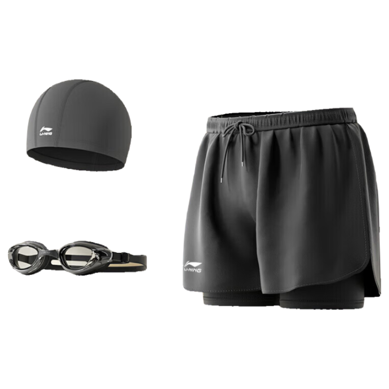 Li-Ning Men's Swim Trunks, Square-Leg Double-Layer Beach Shorts, Anti-Fog Swimming Goggles And Swim Cap Set, Size 24-37M