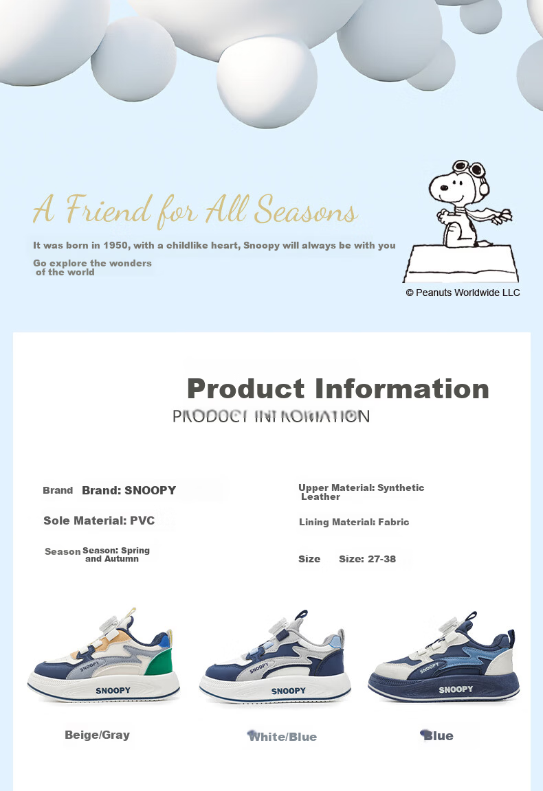 SNOOPY Kids Soft Sole Lightweight Sports Shoes 2026 Girls Versatile Casual Shoes Boys Shoes 0027 Blue Size 32 1