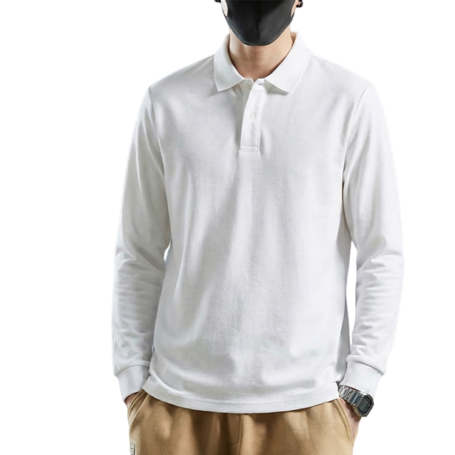Jeanswest Men's POLO Shirt 2026 Spring Summer Casual Long Sleeve Solid Color Base Shirt White 2XL