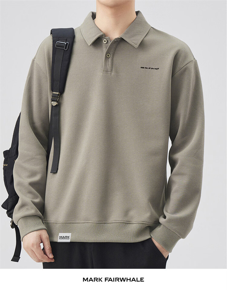MARK FAIRWHALE Men's Sweatshirt Spring and Autumn Loose Casual Long Sleeve T-Shirt Men's Polo Collar Jacket Gray Green 3XL 5