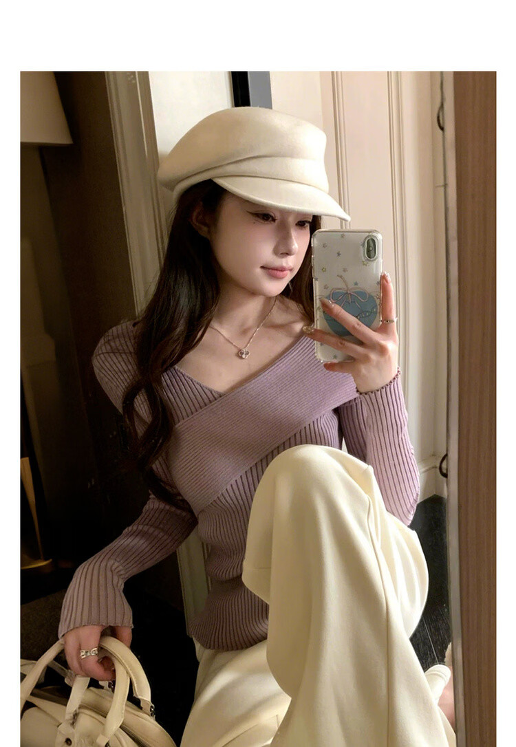 MT Elegant Spring Soft Cross V-Neck Slim Knit Sweater for Women 3