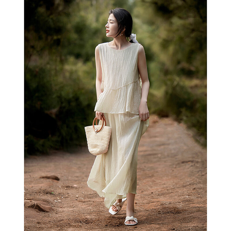 Demana [with Natural Wind Linen] Summer Design Patchwork False Two-Piece Sleeveless Off-Shoulder Waterdrop Button Cake Dress