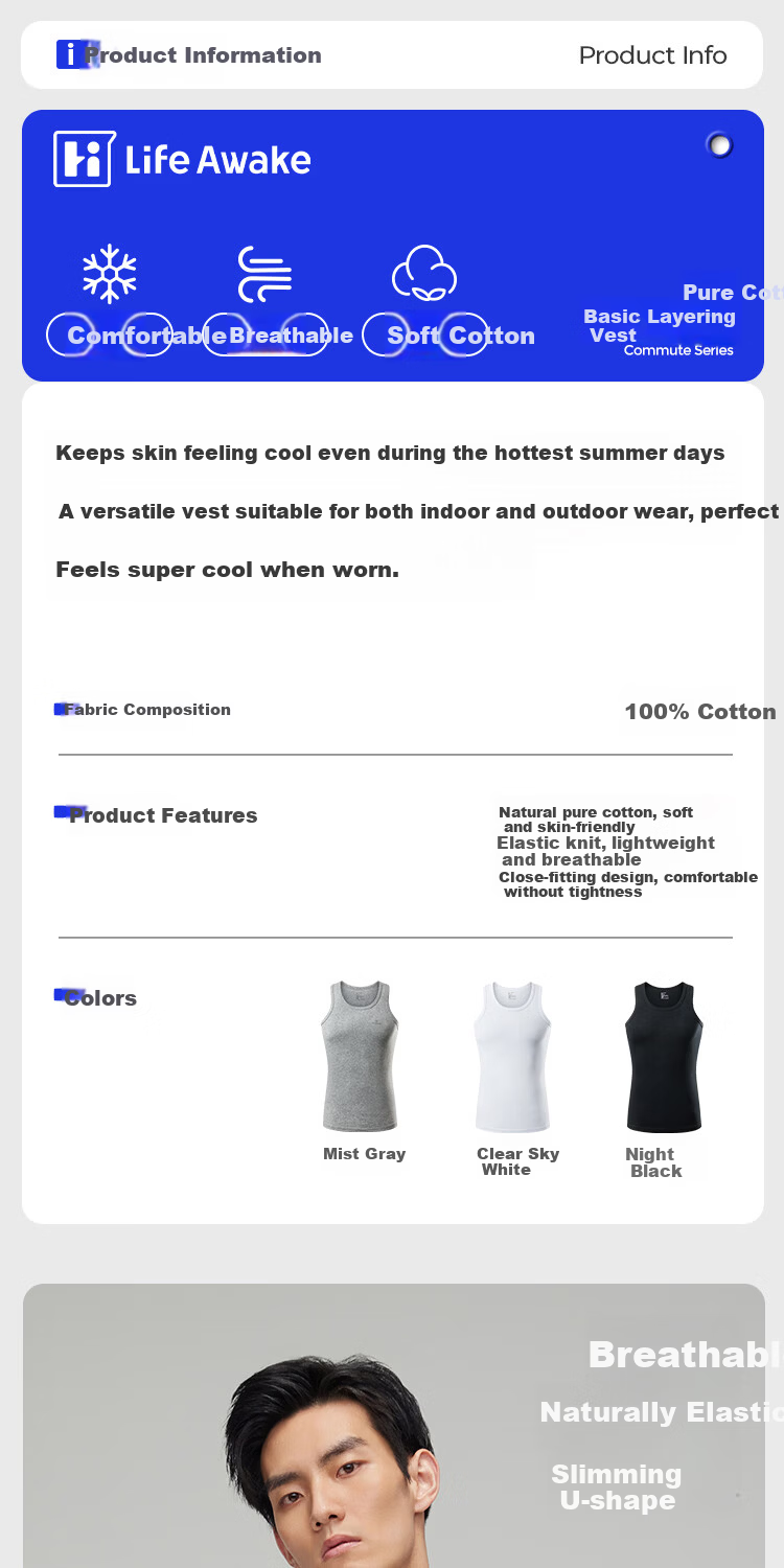 HLA Sleeveless Vest for Men, Pure Cotton Comfortable Breathable Undershirt, Basic Thin Undershirt, Single Pack 1