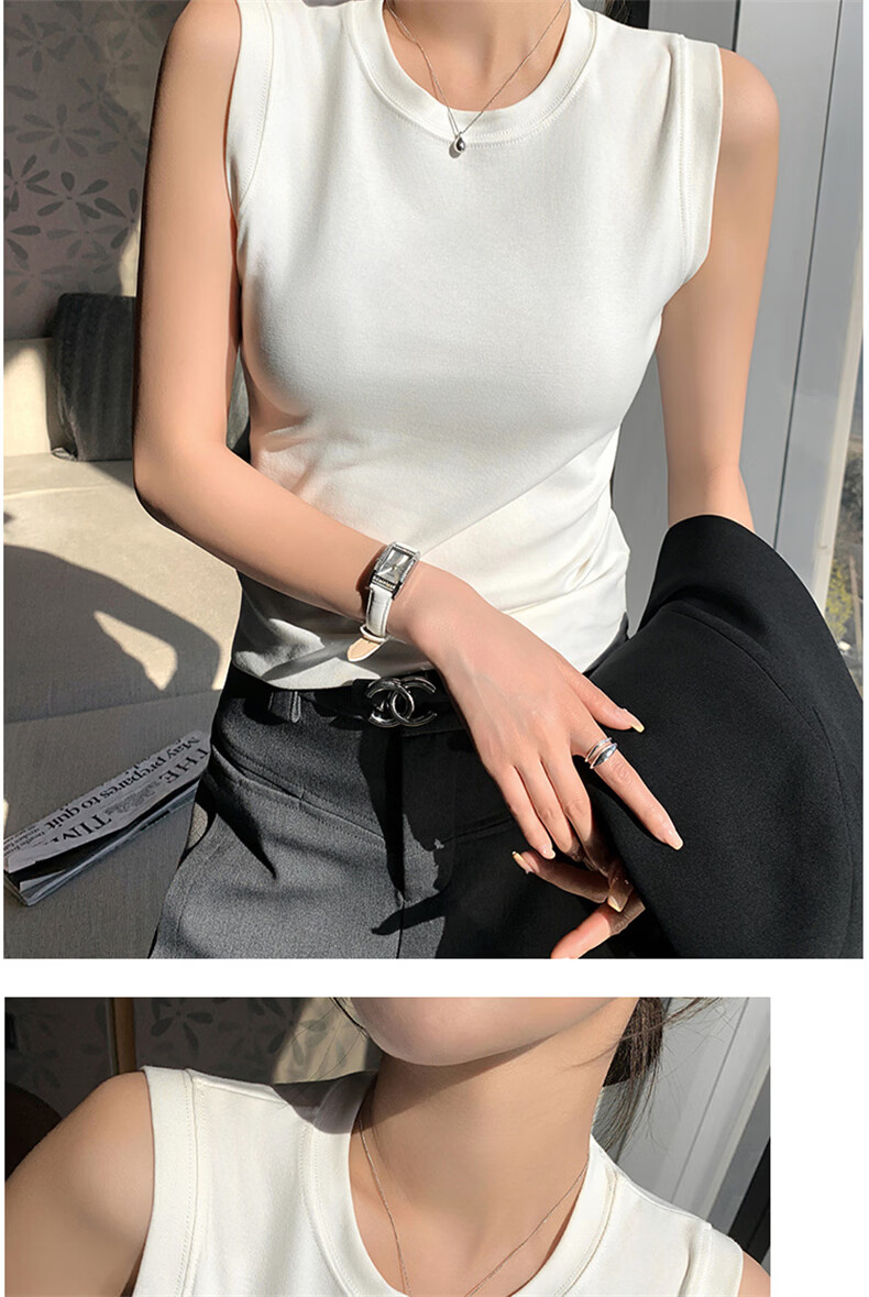 Langsha White Vest Tank Top for Women Spring Summer New Sleeveless Round Neck Camisole with Side Coverage 10