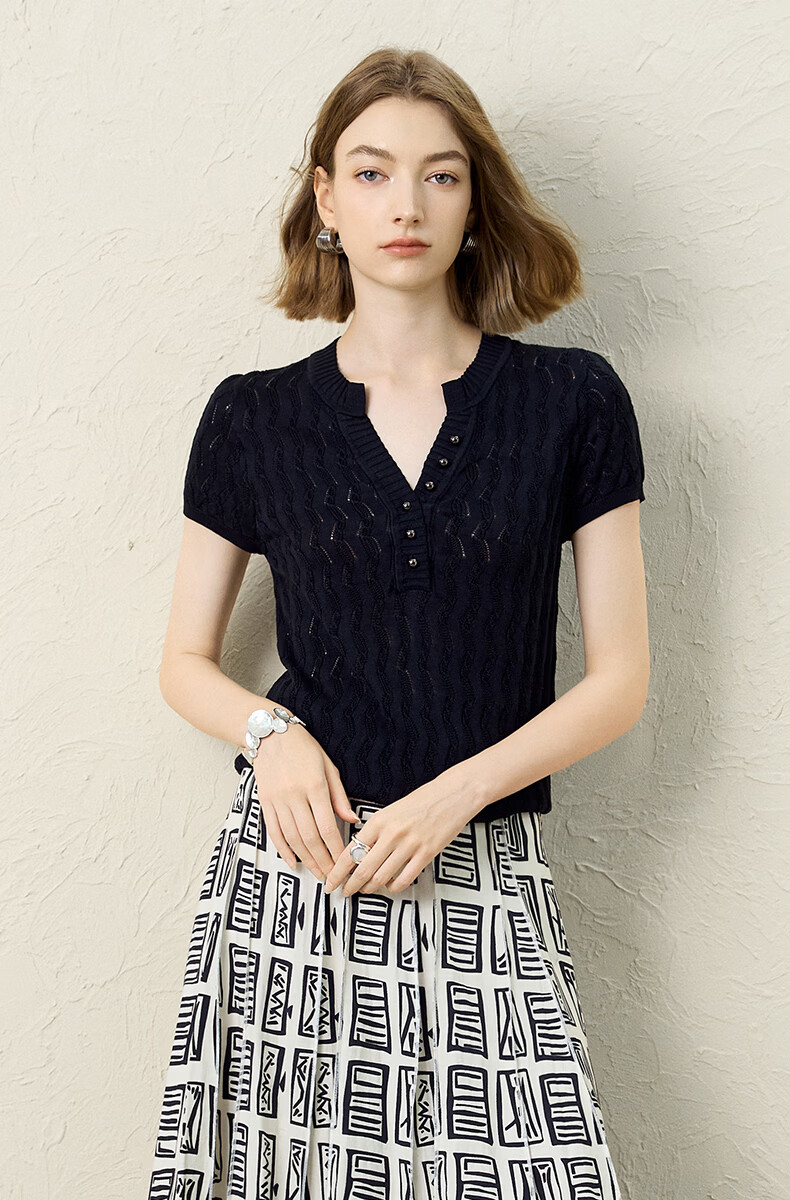 Yanyu Black Slim Fit Knit Top Women 2026 Summer High-End Vintage Style Short Sleeve Half-Open Collar Shirt Black S 15
