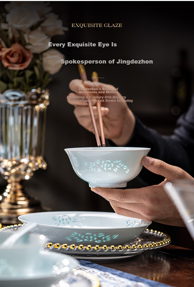 Fuyu Ceramics Jingdezhen Celadon Exquisite Porcelain Dinnerware Set Underglaze Color Bowls and Plates Home Set Gift Qing Celadon Jade Peony 16-Piece 11