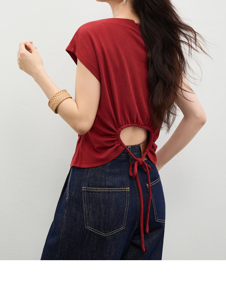 Shangdu Bila Back Waist Hollow Out Pleated Cotton Blend T-Shirt Women Spring Summer Petite Raglan Short Sleeve Slim Fit Top 6